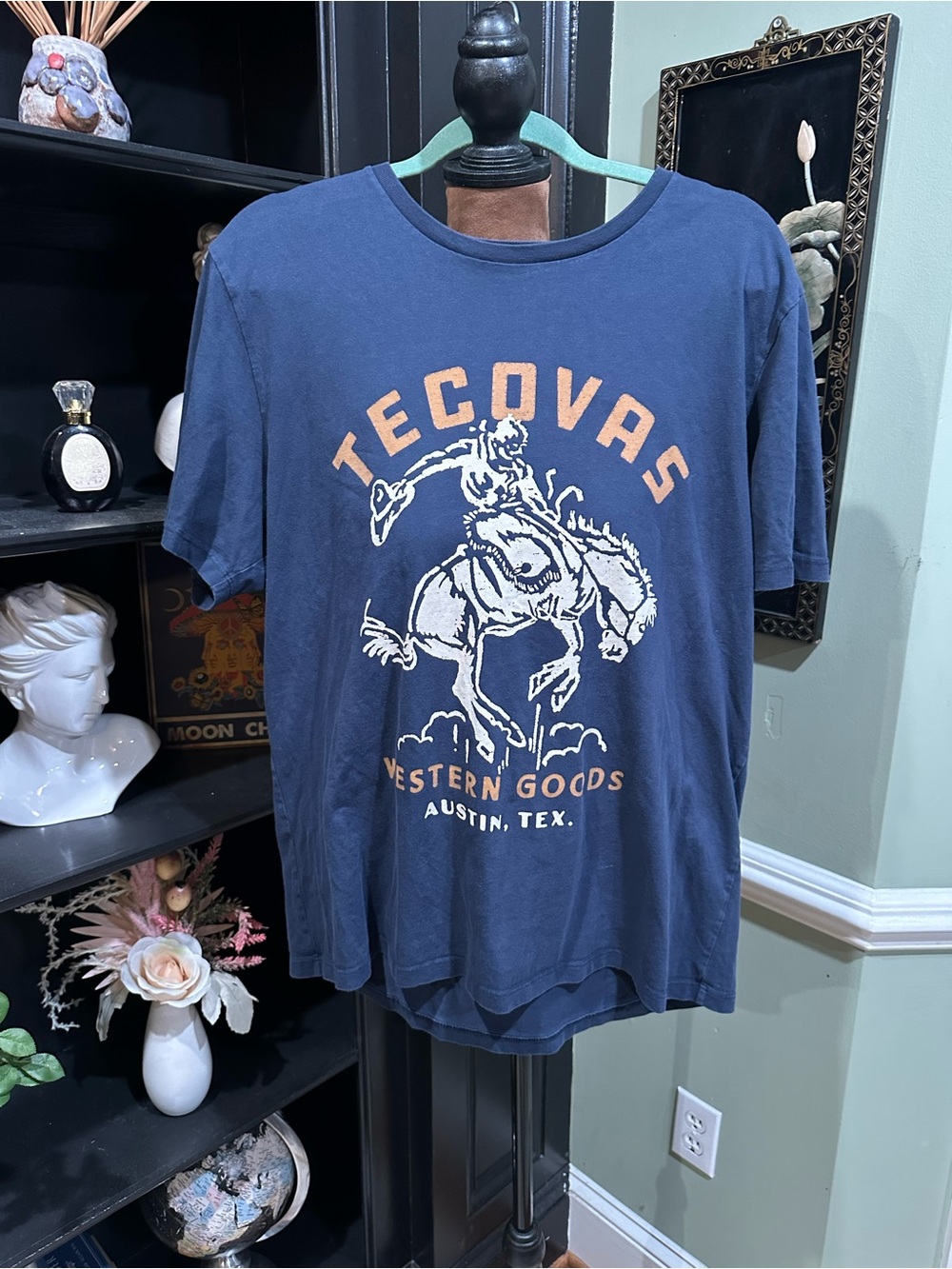 Tecovas Navy Short Sleeve Tee with Orange and White Western Graphic